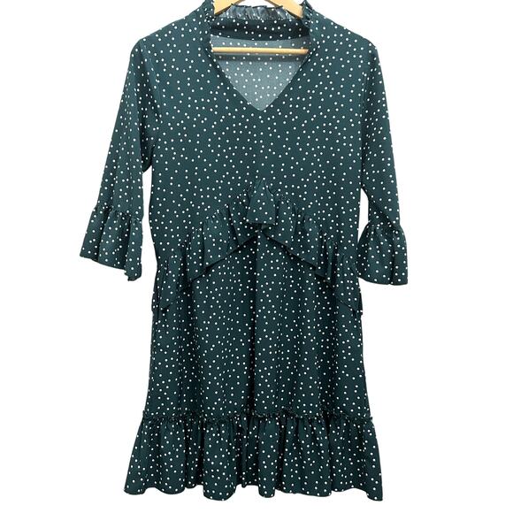 Women’s Teal Green Polka Dot Midi Dress V Neck Ruffle Sleeve Drop Waist Small - Picture 1 of 5